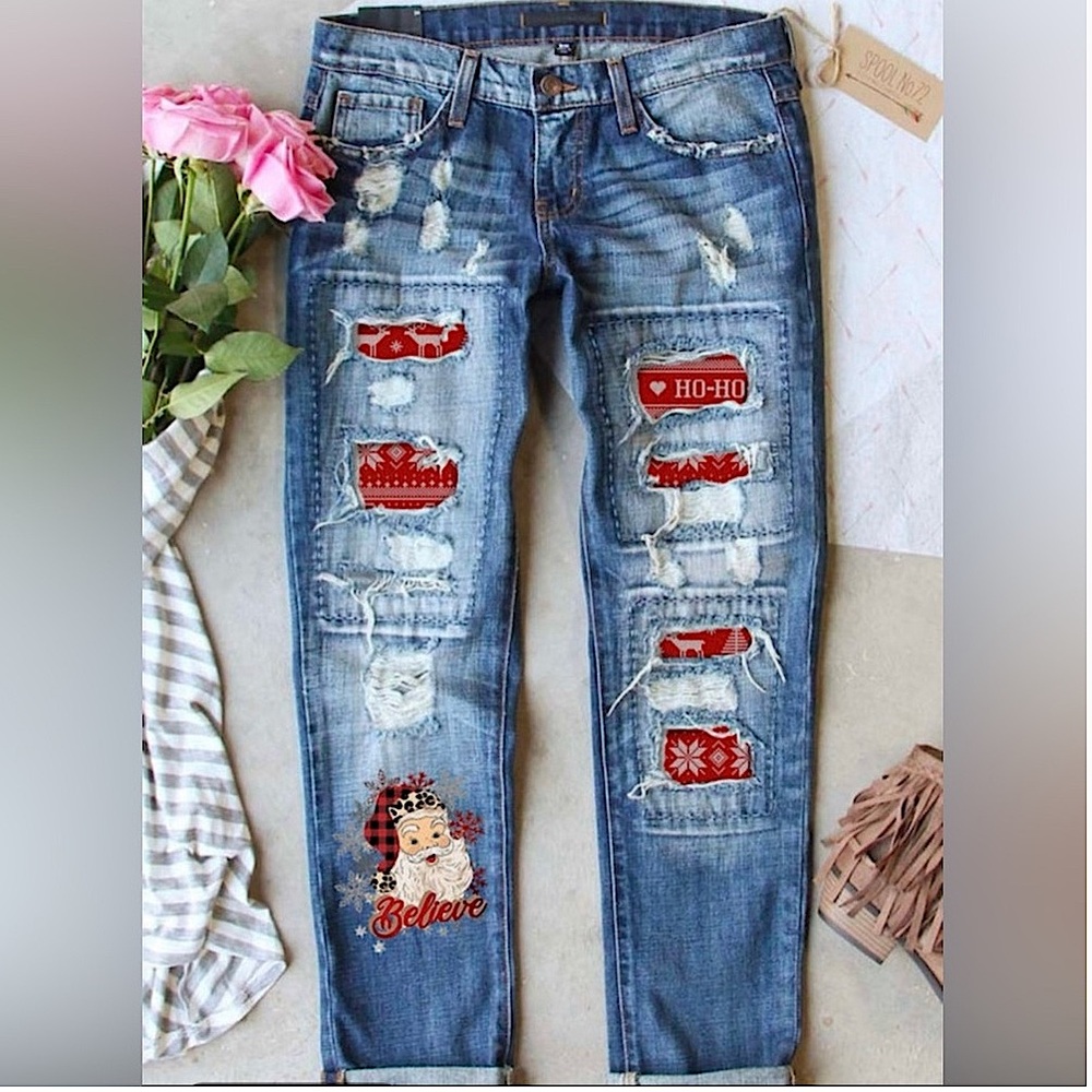 Distressed Blue Boyfriend Jeans with Festive Patches